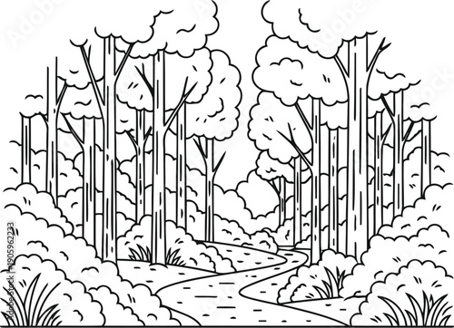 Vintage illustration of a group of tall wooden wind chimes amidst nature