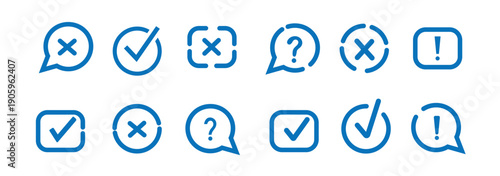 Check tick mark icon set. Cross box x check mark checkbox v list vector draw hand drawn sketch doodle brush marker checklist symbol wrong right circle and exclamation, question mark icons . Vector Ill
