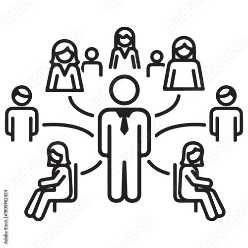 Professional Business Leader Icon Representing Team Management and Organizational Structure with a Central Manager Connected to Diverse Employees in a Clean Minimalist Line Art Style.