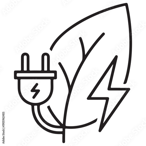 Minimalist Green Energy Icon Featuring an Electric Plug and a Natural Leaf with Lightning Bolt Symbols Representing Sustainable Power and Environmental Conservation in a Clean Line Art Style.