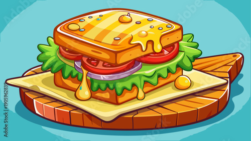 Cartoon vector of melted grilled cheese sandwich in simple flat cafe comfort food style