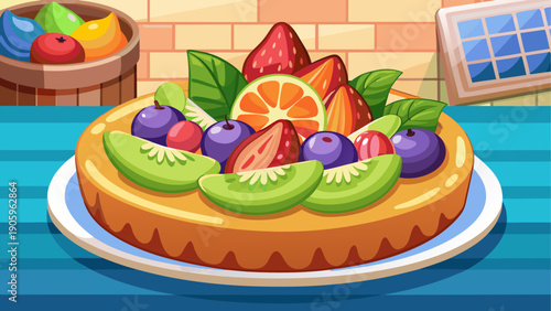 Cartoon vector illustration of a fruit tart topped with colorful fresh fruits in clean flat cafe dessert style