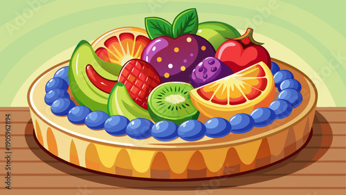 Cartoon vector illustration of a fruit tart topped with colorful fresh fruits in clean flat cafe dessert style