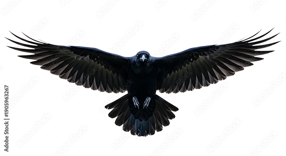 Obraz premium A black bird with outstretched wings in flight from a front viewpoint
