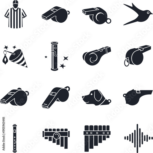 A collection of black and white icons related to referees and whistles