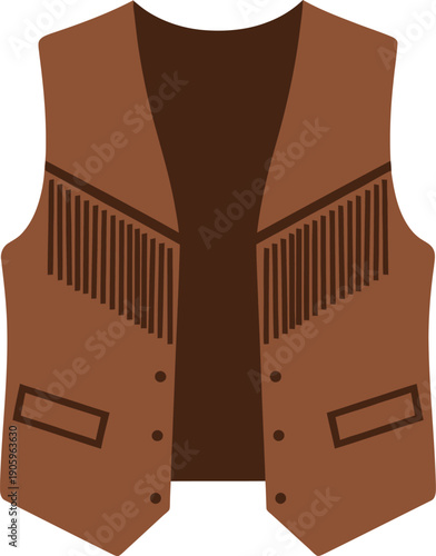 Brown Western Cowboy Leather Vest with Fringe Tassels and Pocket Details Flat Vector Illustration