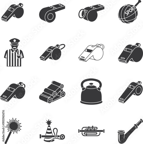 A collection of various whistles and other noise making devices