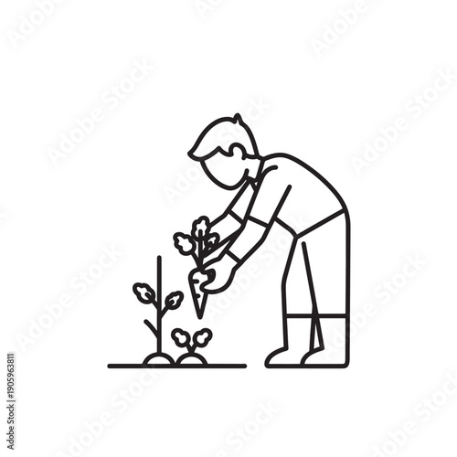 Gardening line icon of a person planting a seedling.