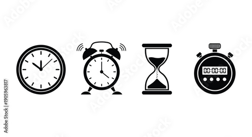 Various timekeeping devices depicted in a stark black silhouette