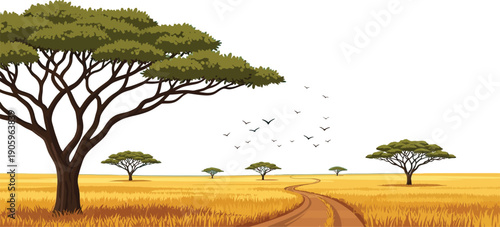 Savanna landscape drawing shows a winding dirt road leading through dry golden grass beneath large acacia trees with birds flying.