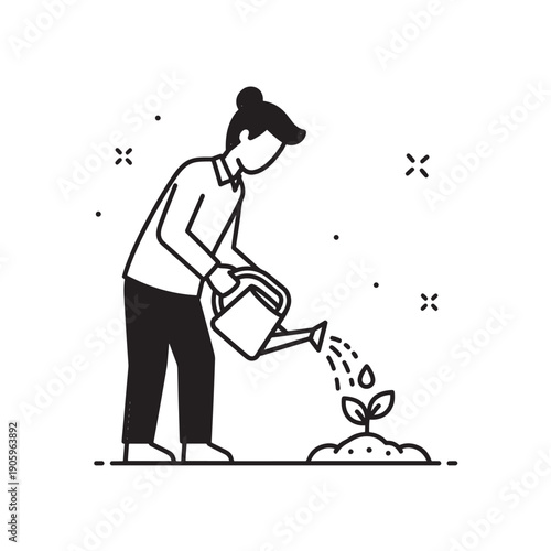 A woman watering a small plant with a watering can in a simple line art style isolated on transparent background