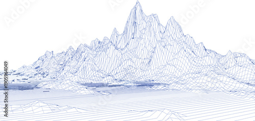 Wireframe mesh visualization displays a massive, jagged mountain range rendered in faint blue lines against a stark white.