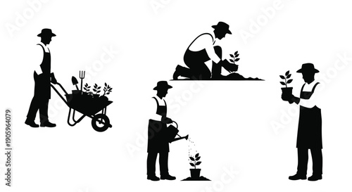 Gardeners working with plants and tools in a black silhouette