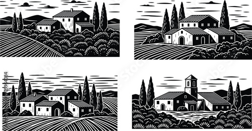 Four distinct black and white woodcut style illustrations depict idyllic Tuscan farmhouse landscapes with rolling hills and cypress.