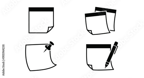 Black and white icons of notes pen and pushpin silhouette