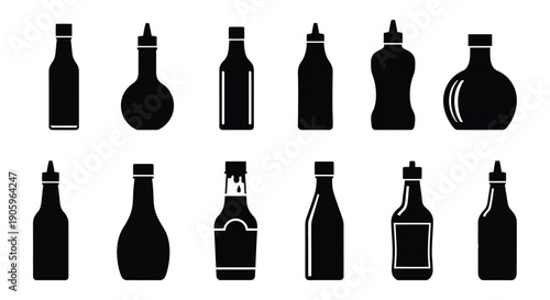 Assorted sauce and condiment bottles displayed in a dark silhouette
