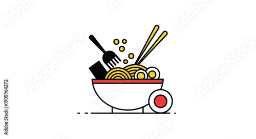 Noodle bowl with chopsticks and fork illustration