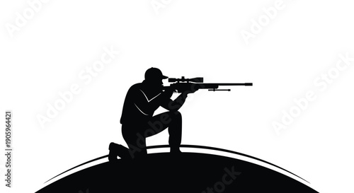 Kneeling sniper aiming a rifle against a white background silhouette