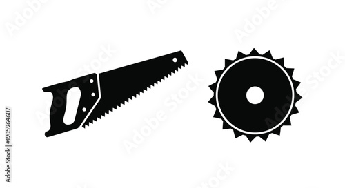 Black silhouette of a handsaw and circular blade