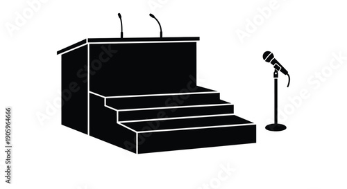 A black silhouette of a podium and microphone on white background