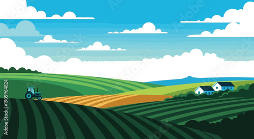 A blue tractor cultivates striped fields across bright green rolling farmland beneath a vibrant sky with scattered white clouds.