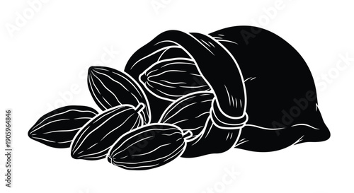 Cocoa pods spilling from a sack striking black outline silhouette