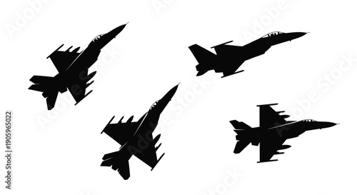 Four fighter jets in flight depicted as a stark silhouette