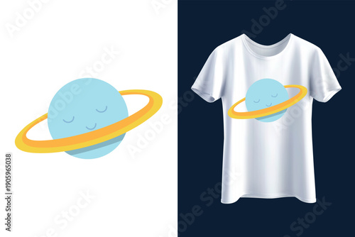 Cute planet Saturn illustration, cartoon space character with yellow rings, happy celestial object for kids, blue gas giant vector, nursery wall art, astronomical cosmic design