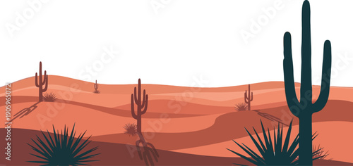 Silhouetted saguaro cacti stand tall across undulating arid desert dunes under a pale, flat sky.