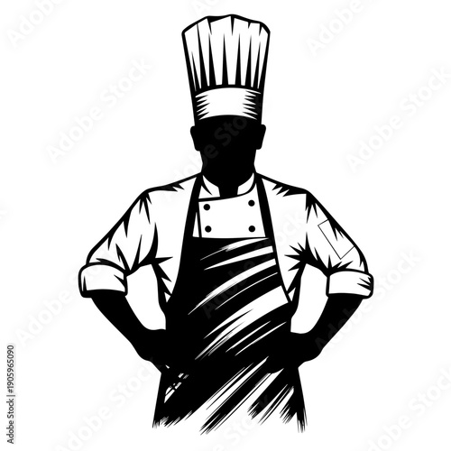 Minimalist chef silhouette wearing tall hat, created with bold abstract strokes for modern professional look. Stylized chef silhouette graphic, black and white contrast depicts culinary expert.