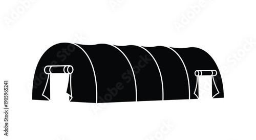 Simple black quonset hut illustration against a white background silhouette