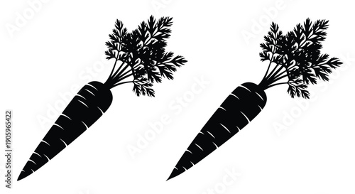 Two carrots with leafy greens presented as a dark silhouette