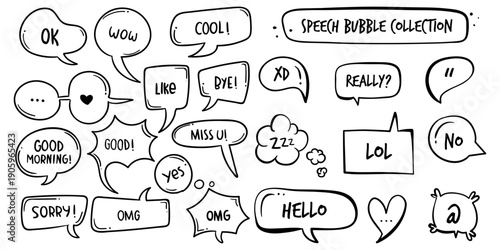 Hand Drawn Speech Bubble Doodle Collection with Cute Text and Comic Style