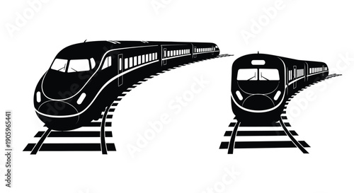 Two high speed trains depicted in a striking black silhouette
