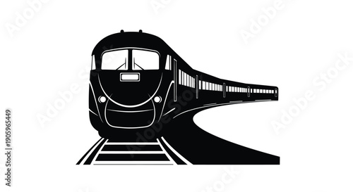 A sleek black train moving quickly down the tracks silhouette