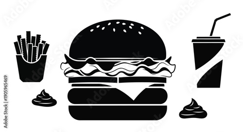 Fast food meal including burger fries and drink a black silhouette