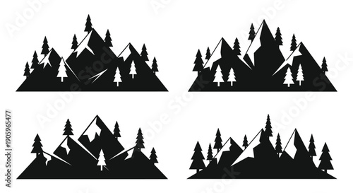 Four black mountain ranges with coniferous trees a striking silhouette