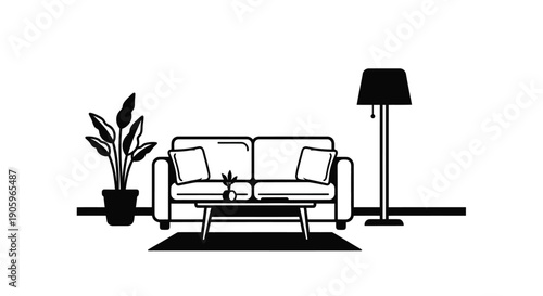 Minimalist living room interior with furniture a plant and lamp silhouette