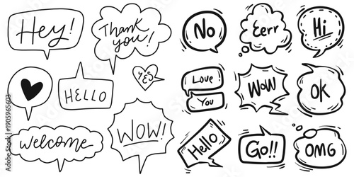 Hand Drawn Speech Bubble Doodle Collection with Cute Text and Comic Style