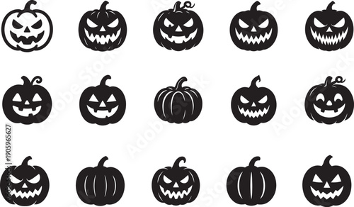 Halloween pumpkin vector set with spooky jack o lantern icons, festive autumn symbols EPS isolated.