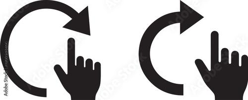 Black and white vector icon set representing refresh or rotation gestures with a hand cursor Vector
