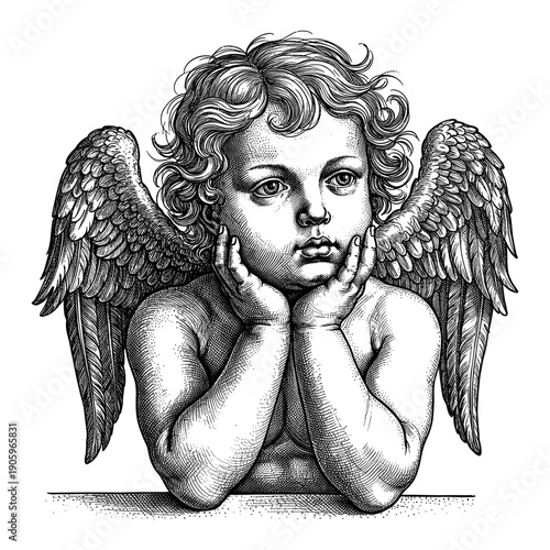 Cherub with wings resting hands on chin