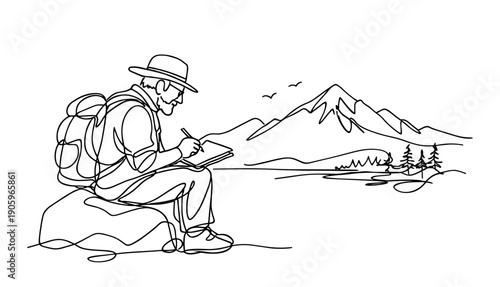 Hiker sketching in nature with mountains and lake