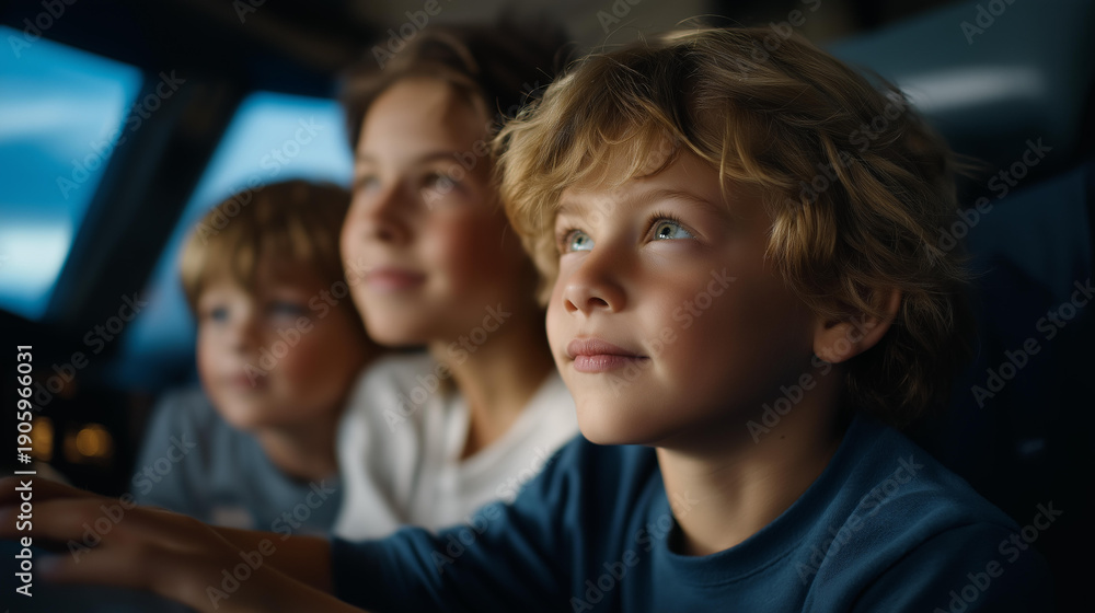 Obraz premium A family in an airplane cabin, with children eagerly adjusting the overhead panel to access reading lights and air vents, showcasing the interactive elements available during flights. cinematic
