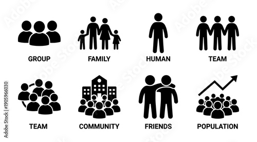 People group icons showing family team and community