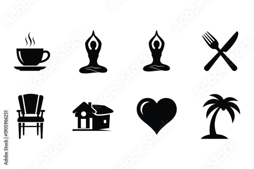 Set of 8 diverse icons: yoga, coffee, house, furniture, palm tree, food
