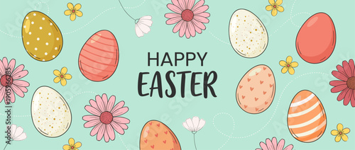 Happy Easter banner with eggs and flowers