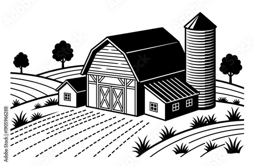 Farm complex with barn, silo, and cultivated fields