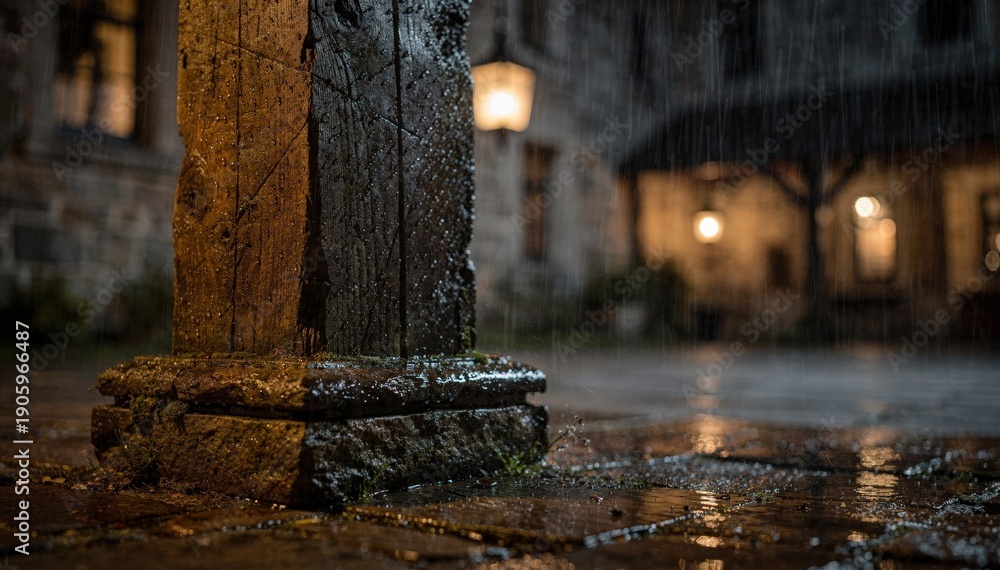 Fototapeta premium Rainsoaked heritage inn courtyard with a closeup of water droplets on rustic columns while softfocus lanterns cast a warm glow.