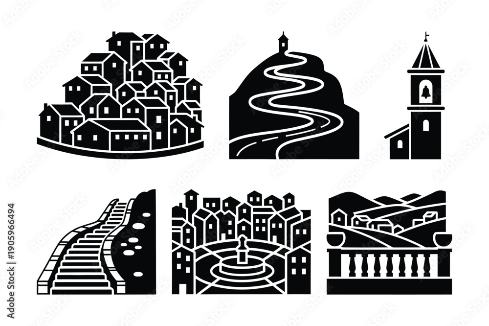 Naklejka premium Village and Town Icons: Houses, Road, Tower, Fountain, Hills